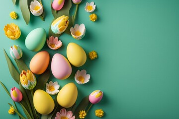 Wall Mural - Easter celebration concept. Top view photo of colorful easter eggs and bunches of yellow and pink tulips on isolated teal background with copyspace, Generative AI