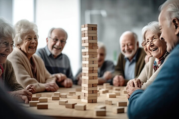 Group of happy joyful old people playing jenga created with Generative AI technology