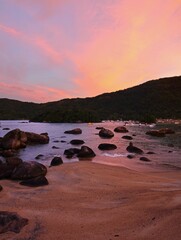 Poster - Vertical shot of stone on the shore on Ilha Grande island in Brazil at scenic sunset