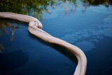 Top view of oil absorbent netted boom on the surface of Isar river in Bavaria, Germany