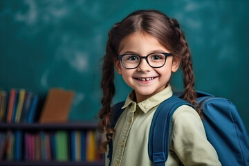 Cheerful cute smiling little student girl portrait made with Generative AI technology, back to school