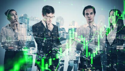 Sticker - Attractive european businesspeople standing together on blurry city background with green forex graph. Teamwork, financial growth, market success and colleagues concept. Double exposure.