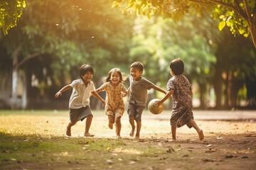 Wall Mural - group of diverse cheerful fun happy multiethnic children outdoors created with generative ai technol