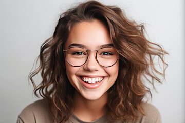 Happy satisfied woman wearing glasses portrait on white background created with Generative AI technology