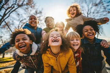group of diverse cheerful fun happy multiethnic children outdoors created with generative ai technol