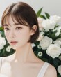 © Chris - Portrait of beautiful japanese women with white flower background by generative AI