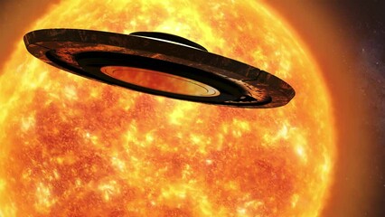 Wall Mural - flying saucer ufo spacecraft flying toward the sun,4k alien spaceship ufo flying close to massive su