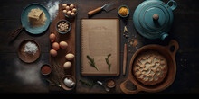 Baking Ingredients On Dark Wooden Background, Top View, Copy Space. Recipe Book. Generative AI