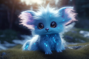 Cute Blue Alien with big black eyes. Funny fluffy cartoon character. Fluffy little monster is standing on the grass. Fantasy Baby Cat. Kitty. Legend and Fairy Tale. 3D illustration for children