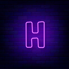 Neon letter H. Logotype on brick wall. Shiny purple label. Simple shape. Glowing banner. Vector stock illustration