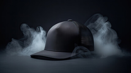 Wall Mural - Black baseball cap on a black background. Mock up design. Generative AI Illustration