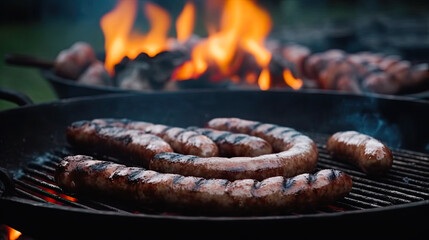 Home barbecue with charcoal in the backyard grilling steaks and other meats for carnivore diet. Generative AI