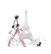 A Fashionable Girl Walks In Paris With A Small Dog. Trendy Watercolor Sketch Style. A Woman In A Coat And High-heeled Boots Walks Near The Eiffel Tower. Vector Hand Drawn Illustration Isolated On
