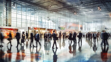 Blurred Business People At A Trade Fair Or Walking In A Modern Hall . Generative AI