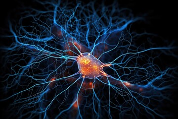 Wall Mural - system of neurons with glowing connections on black. background with space for text. generative ai