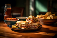 Two Cuban Sandwiches Sitting On A Wooden Table Near A Cup Of Tomato Sauce And Vegetables On The Side, Low-angle Shot, Created With Generative AI