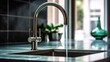 © Natalia S. - Save water. Tap in the minimalist kitchen is open and water flows from. Generative AI