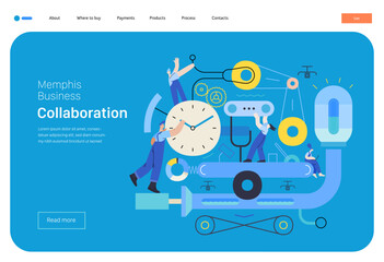 Memphis business illustration. Collaboration -modern flat vector concept illustration of team, people working together on a product mechanism in a factory. Corporate teamwork metaphor.