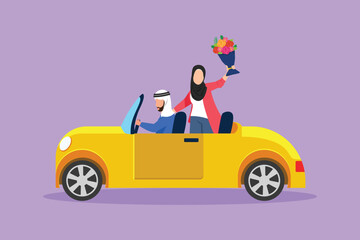 Wall Mural - Graphic flat design drawing cute newly married couple groom in vehicle. Happy Arab man and beautiful woman riding wedding car. Married romantic couple relationship. Cartoon style vector illustration