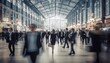 blurred business people at a trade fair or walking in a modern hall, no face photo, Generative AI
