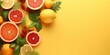 Lemon web banner style. Summer tropical background with citrus fruits, leaves and mint leaves. Orange, Strawberry, water melon on yellow background. Summer concept. Generative AI