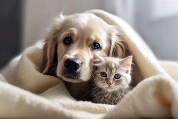 friendship of puppy and kitten - golden retriever puppy and kitten cuddling under a blanket cuddle, 