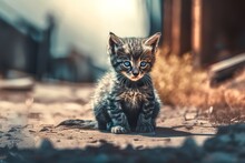 Abandoned Kitten On A Country Road, Generative AI