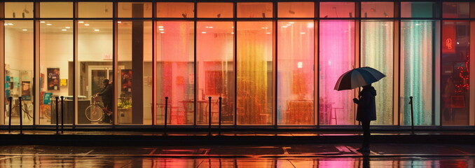 evening rainy new york city street , in hight modern building windows people silhouette, car traffic light ,romanticman and woman couple,people silhouette with umbrella ,generated ai