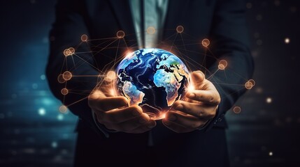 Aufkleber - A businessman holding the hand of night grow earth and a global online network with data exchange. Futuristic innovative technologies. Generative AI