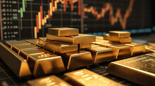 Gold Bullion Against Stock Market Charts Created With Generative AI Technology
