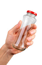 Hand Holding Empty Glass Bottle Jar Closed With Red Cap Isolated On White Background