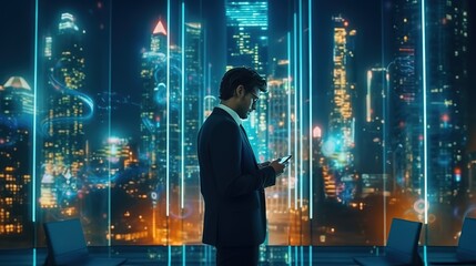 Fototapete - A smart entrepreneur considering the Global business connection technology interface to connect to a global partner.Futuristic innovative technologies. Generative AI