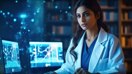 Poster - The Doctor of Medical Sciences works in a laboratory with a biological apparatus for analysis and sampling.Futuristic innovative technologies. Generative AI
