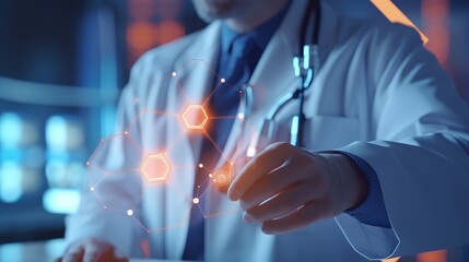 Poster - The Doctor of Medical Sciences works in a laboratory with a biological apparatus for analysis and sampling.Futuristic innovative technologies. Generative AI