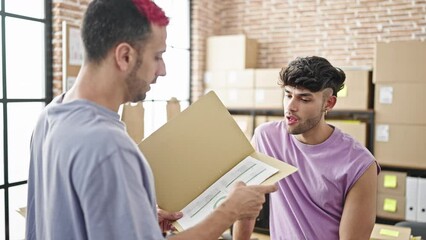 Poster - Two men ecommerce business workers reading document at office