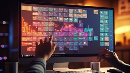 Poster - Project manager's pen and computer user interface management skills with icons for scheduling tasks and results.Futuristic innovative technologies. Generative AI