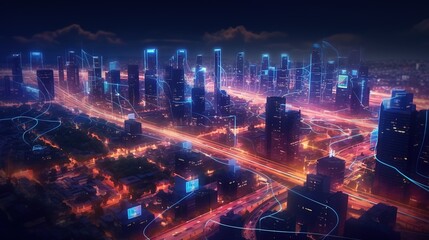 Aufkleber - The concept of a wireless network and connectivity technology with an abstract city background. Futuristic innovative technologies. Generative AI