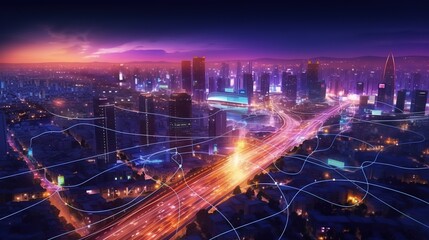 The concept of a wireless network and connectivity technology with an abstract city background. Futuristic innovative technologies. Generative AI