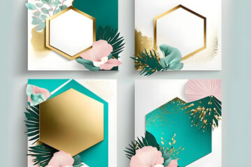 Wall Mural - Pre made templates collection, geometric frame - cards with gold, pink, turquoise textures backgrounds. Wedding concept. Floral poster. Greeting card, invitation design background, birthday party