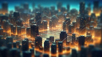 Poster - The concept of a wireless network and connectivity technology with an abstract city background. Futuristic innovative technologies. Generative AI