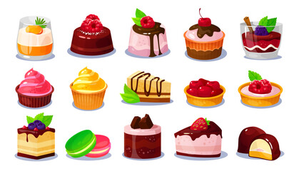 set of realistic pastry and dessert icons isolated on white background for game design. tasty sweets