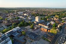 Beautiful Aerial Footage Of Central Bedford City Of England Great Britain Of UK. The Downtown's Footage Was Captured With Drone's Camera From Medium Altitude From River Great Ouse On 28-May-2023.