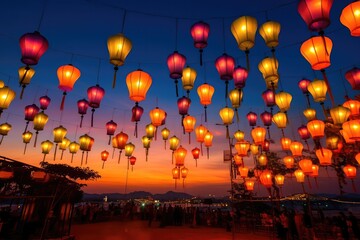 lots of colorful lanterns. the warm light of lanterns against the twilight sky. Generative AI