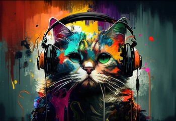 Wall Mural - The concept of abstract painting. Colorful art of a cat wearing headphones illustration. Ai generative.