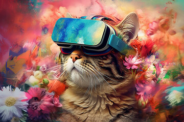  a cat in a virtual reality helmet. Generative AI.