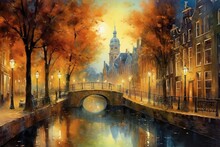 Watercolor Painting Of Famous Amsterdam Street In Autumn. Generative AI