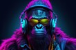 Neon portrait of gorilla rapper, gangsta monkey character. Generative AI