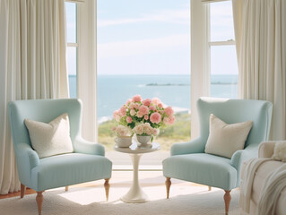 A living room with 2 wingback chairs with stained wood legs in front of a large window overlooking the ocean. The window features pale silk curtain panels at each end. Side table and flowers. 