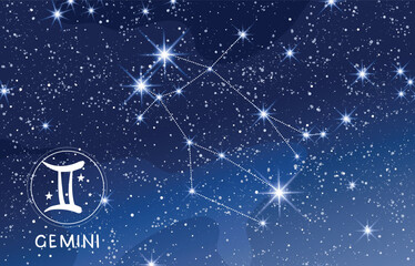Wall Mural - gemini constellation in blue night sky, zodiac sign, air element, astrology banner for horoscope, mo