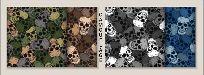 Sticker - Set of camouflage patterns with human skulls. Vintage style. Dense random chaotic composition. Good for apparel, fabric, textile, sport goods.